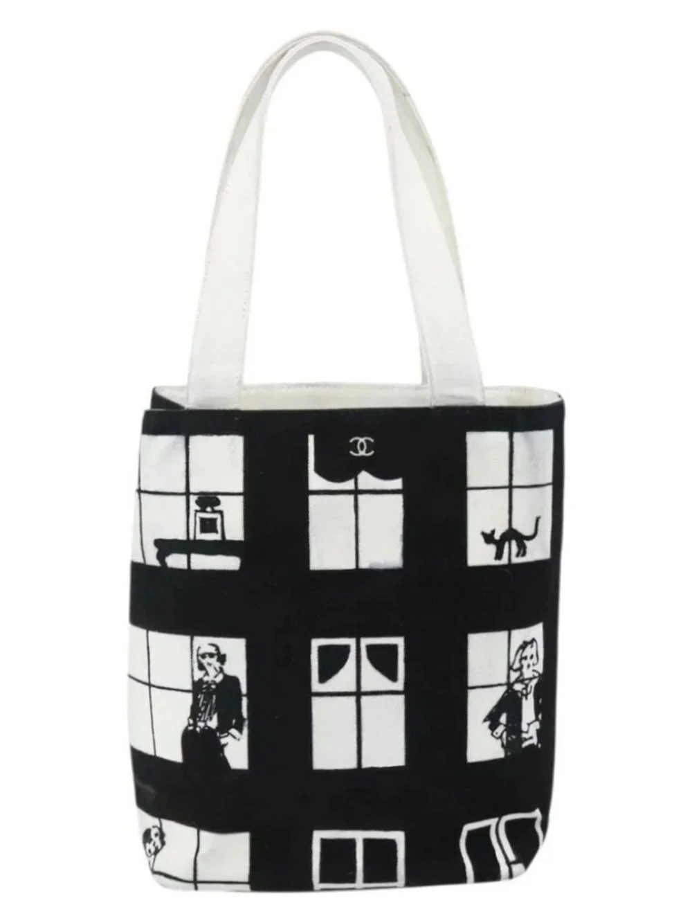 CHANEL Windows Line Tote Bag Canvas Black Gold CC Auth BA12234